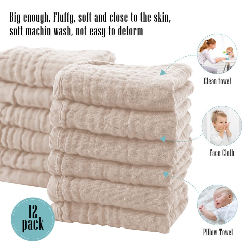 Cute Castle 12 Pack Muslin Burp Cloths for Baby - Ultra-Soft 100% Cotton Baby Washcloths - Large 20'' by 10'' Super Absorbent Milk Spit Up Rags - Burpy Cloths for Unisex, Boy, Girl - Brown - Image 5